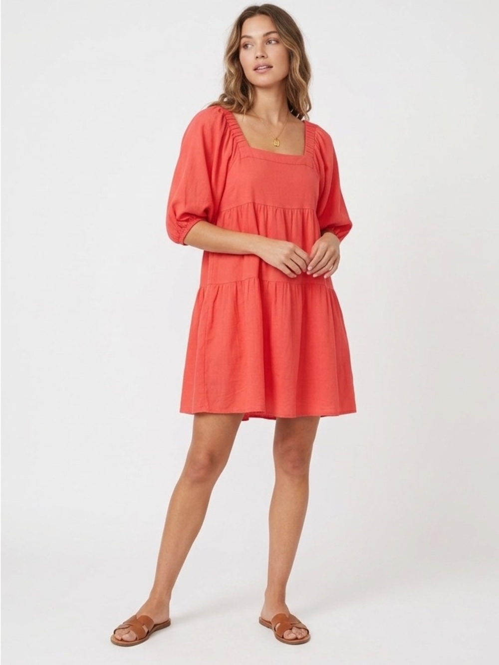 Hunter & Brown Rayon Tiered Babydoll Mini Dress Pink Small